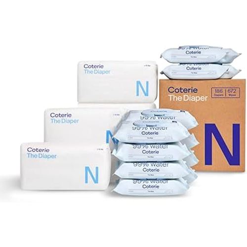 Coterie Baby Wipes + Diapers Kit, Size Newborn Diapers (186 Count) & 12 Pack (672 Count) Baby Wipes with 99% Water, Plant Based Materials, Hypoallergenic for Sensitive Skin