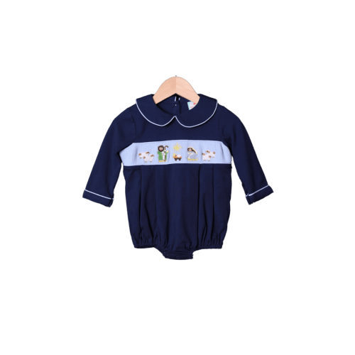 Smocked Nativity Navy Knit Bubble