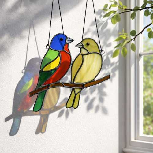 Painted Bunting Stained Glass Suncatcher | Colorful Bird Window Hanging | Bird Watcher Gift for Dad Mom | Spring Nature Decor Art