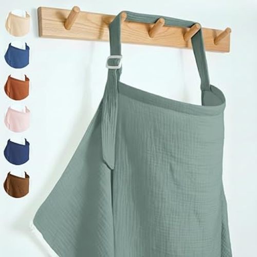 Muslin Nursing Covers for Breastfeeding, Arch Neckline Breast Feeding Covers for Women, Moms Privacy Breathable Summer Nursing, Enlarged XL Size Soft Feeding Cover (Roman Green)