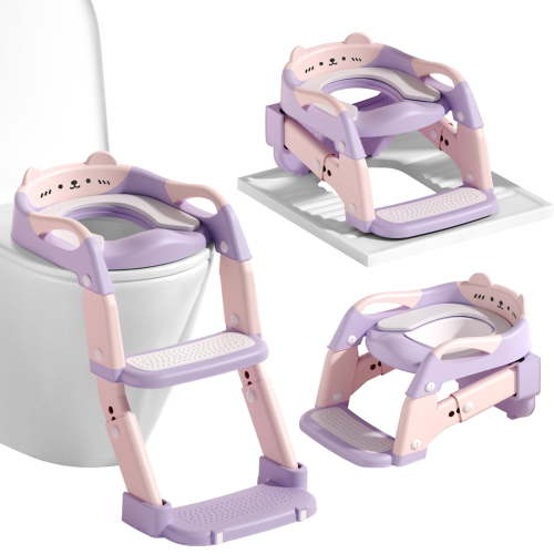 Soluxeo 3-In-1 Potty Training Seat, Height Adjustable Toddler Toilet Seat with Splash Guard and Anti-Slip Steps, Foldable Upgrade Toilet Seat for Kids Boys Girls, Purple&Pink