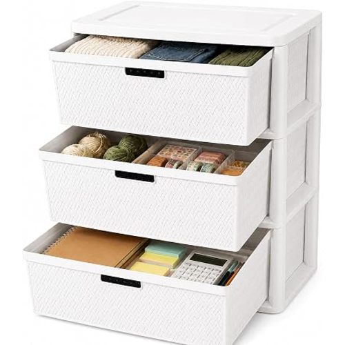 Wide 3-Drawer Plastic Storage Tower, Decorative Organizer Chest, White