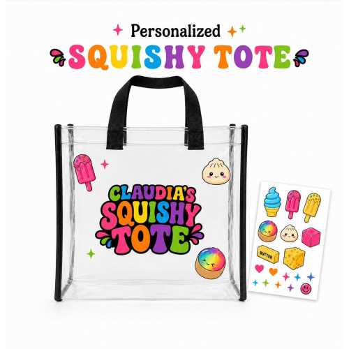 Personalized Squishy Tote Bag, Custom Clear Stadium Bag with Name, Cute Kids Tote with Bonus Sticker Sheet,  Squishy Collector Gift