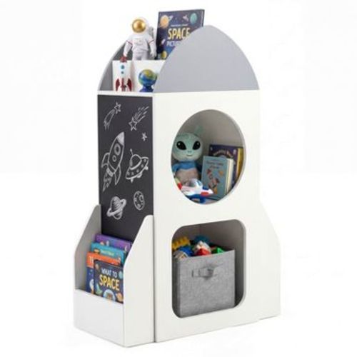 Costway Rocket Space Theme Toddler Toy Storage Organizer with Chalkboard and 2 Cubbies