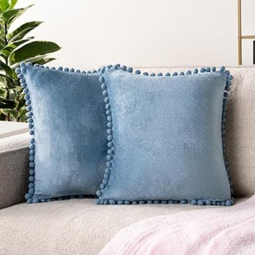 PAVILIA Dusty Blue Decorative Throw Pillow Covers Pom Pom 20x20 Set of 2