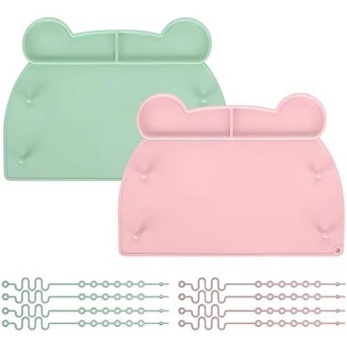 2 Pack Silicone Placemat for Toddlers with Suction Cups & Toy Straps, Busy Baby Mat for High Chair, Restaurant & Travel, Easy Clean Non-Slip Baby Feeding Mat（Green&Pink）
