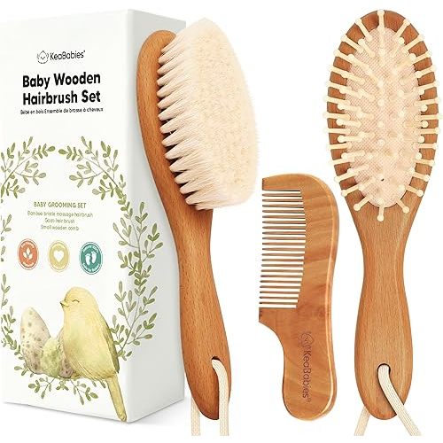 Baby Hair Brush and Comb Set for Newborn - Wooden Baby Hair Brush Set with Soft Goat Bristle, Baby Brush Set for Newborns, Baby Brush and Comb Set Girl, Boy, Toddler Cradle Cap Brush(Oval, Golden Oak)