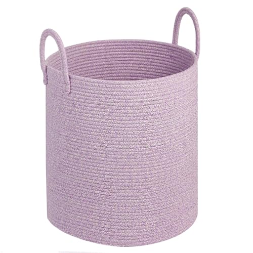 Girl Laundry Basket,Laundry Hamper,15''x18'' Cotton Rope Storage Basket for organizing,Tall Woven Blanket Basket for Living Room,Nursery Hamper,Baby Toy Laundry Bin (Light purple)
