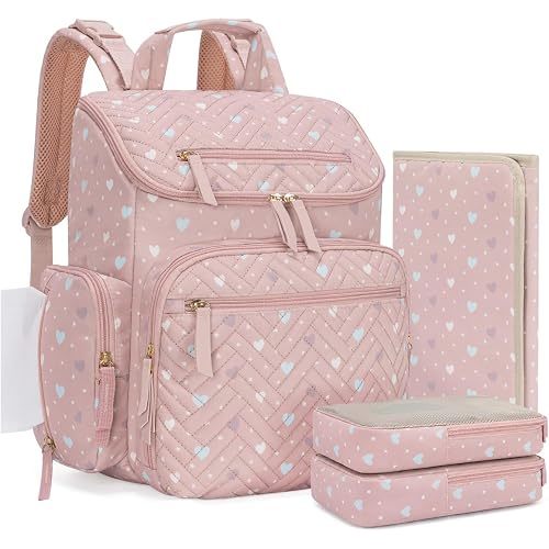 KABAQOO Diaper Bag Backpack with Changing Pad and Insulated Pockets, Heart