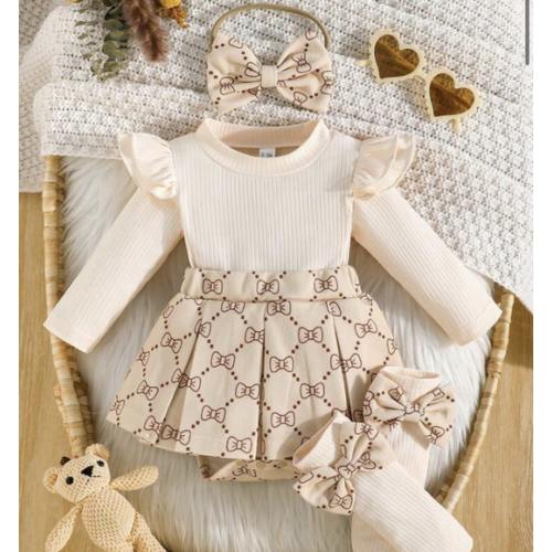 Baby Girls' Ribbed Ruffle Hem Bow Decor Bodysuit, Cute Infant Bodysuit With Socks And Headband Set | SHEIN USA