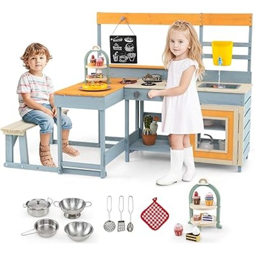 HONEY JOY Mud Kitchen & Kids Picnic Table, 2 in 1 Fir Wood Play Kitchen w/Built-in Bench, Blackboard, Water Box, Sink, Dessert & Cookware, Outdoor Kitchen Playset for Backyard