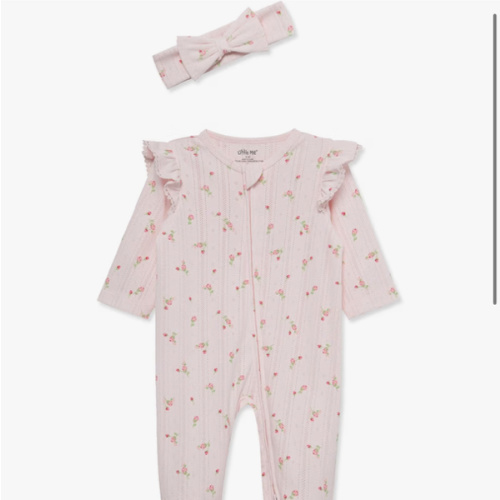 Little Me Baby Girls 100% Cotton Footie and Headband Set, Preemie - 9 Month
