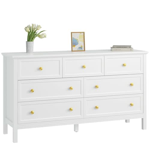 CARPETNAL White Dresser for Bedroom, 7 Drawer Dresser with Wide Drawers and Gold Metal Handles, 55" White and Gold Dressers TV Stand, Modern Dressers & Chests of Drawers for Hallyway, Entryway.