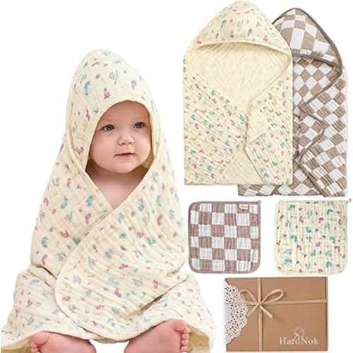 4-Piece Muslin Baby Towel Set - Made with Organic Cotton, (2) 6-Layer 32x32 Towels & (2) Washcloths, Bath, Beach & Pool Gift Set (Earthy Botanicals)