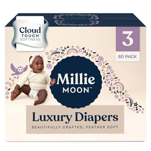 Millie Moon Luxury Diapers - Size 3 (13-24lbs), 80 Count, CloudTouch Ultra Soft Diapers, Up to 12hr Absorbency, Double Leak Guard and Wetness Indicator