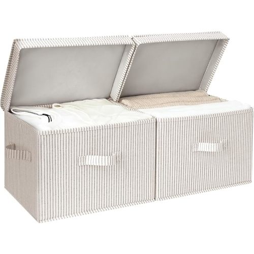 StorageWorks Fabric Storage Bins with Lid, Decorative Storage Boxes for Shelves, Stackable Closet Organizer Basket with Handles, Large, Khaki and Beige Stripes, 2-Pack
