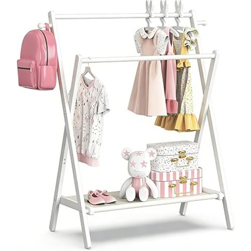 Kids Clothing Rack, Small Clothes Rack for Toddler Pets, Kids Dress Up Rack with Storage Shelf & Double Rods, Foldable Kids Clothes Rack for Nursery Child's Room (Regular Size - White)