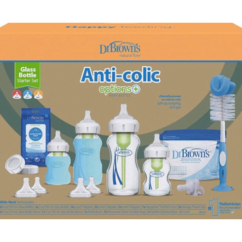Dr. Brown’s Natural Flow Anti-Colic Options+ Wide-Neck Glass Baby Bottle Starter Set with 100% Silicone Glass Bottle Sleeves, Baby Bottle Brush, Prevent Pacifier and Pacifier and Bottle Wipes