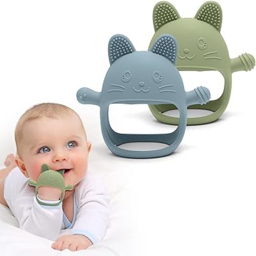 Rabbit Hand Guard Teether 2-Pack – Silicone Baby Teething Toys for Infants, Toddlers & Newborns – 100% Food Grade, BPA-Free¸Flexible Gum Soother (Rabbit Hand Guard - Blue/Green)