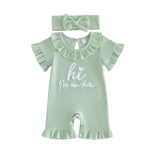 Sejardin Baby Girl Romper Letter Embroidery Newborn Infant Summer Clothes Short Sleeve Ruffle Crew Neck Jumpsuit Headband