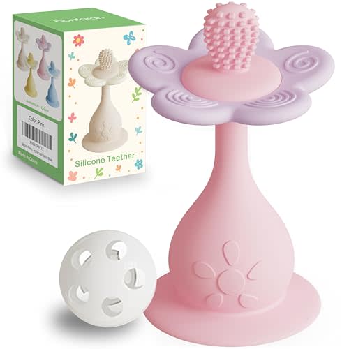 Flower Teether Rattle, Silicone Baby Teething Toy 0-24M [Pink] | 360° Multi-Texture, Nipple-Shaped End, Anti-Choking Design, Stand-Up Base, Baby Girl & Boy Teether, BPA-Free, Teething Relief
