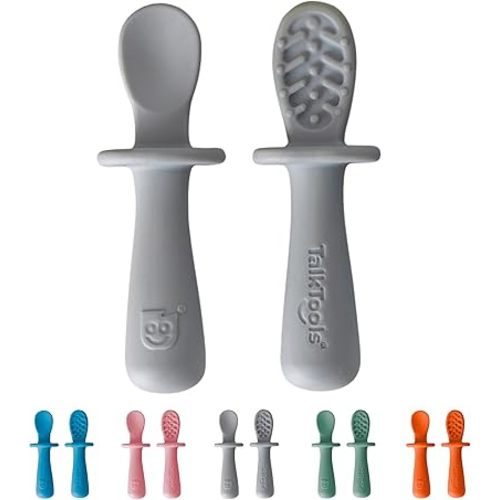 TalkTools ITSY Tiny Silicone Spoons – Twin Pack Soft Silicone Self-Feeding Training Spoons for Kids & Toddlers, Anti-Choking Flange Guard and Non-Slip Handle (Cloud)