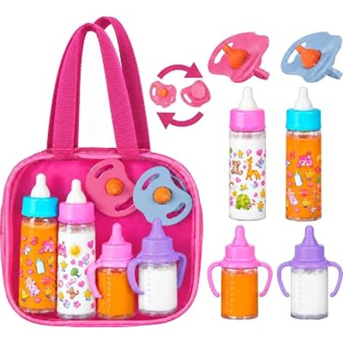 fash n kolor® My Sweet Baby Disappearing Doll Feeding Set, Baby Care 6 Piece Doll Feeding Set - for Toy Stroller | 2 Milk & Juice Bottles with 2 Toy Pacifier for Baby Dolls Set - Kids Gift Set