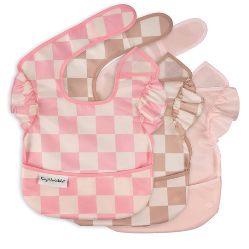 Tiny Twinkle Mess Proof Baby Bibs for Eating - Waterproof, Wipeable Bibs - Toddler Bibs - Travel Friendly - PFAS, PVC, BPA, Phthalate Free - Baby Food Bibs(3 Pack,Checkers Girl)