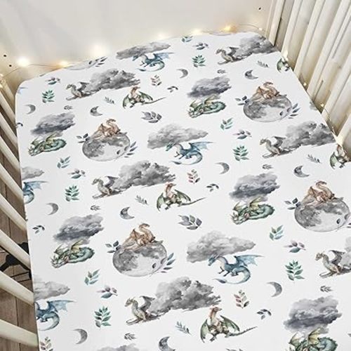 Watercolor Dragons Baby Crib Sheets for Boy Girl 28"x52" Fairytale Dragon Wings Leaves Soft Snug Fitted Crib Mattress Cover Dragon Moon Clouds Baby Sheet for Standard Crib and Toddler Bed Mattress