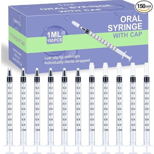 150 Pcs 1ml Syringes with Caps Oral Dispenser Individually Sterile Warpped for Medicine Dropper, Colostrum Collect Feeding Pets, Liquid