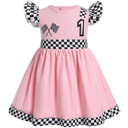 AWIBMK Race Girl 1st 2nd Birthday Dress Flutter Sleeve Checkered Baby Girls Race Car First Cake Smash Photo Shoot Dress