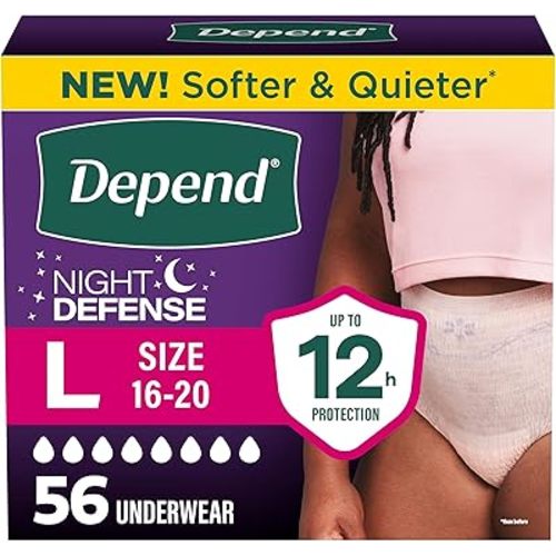 Depend Night Defense Adult Diapers, Incontinence & Postpartum Bladder Leak Underwear for Women, Disposable, Overnight, Large, Blush, 56 Count (4 Packs of 14), Packaging May Vary