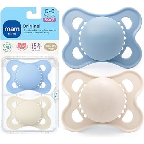 MAM Original Matte Baby Pacifiers 0-6 Months, Binky for Newborn Babies, BPA-Free Skin Soft Silicone Nipple, Easy to Clean, Developed with Medical Experts, 2 Count, With Sterilizer Case, Made in Europe