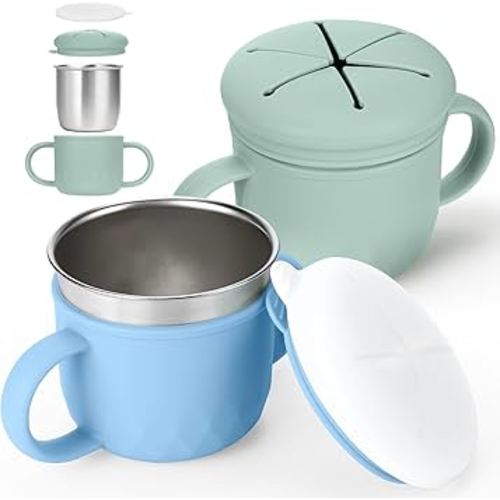 Mity rain 2-Pack Stainless Steel Snack Containers, 4-in-1 Spill proof Snack Cups With Silicone Lid and Handle, Dishwasher Safe Travel Snack Containers for Kids and Infants (Green + Blue)