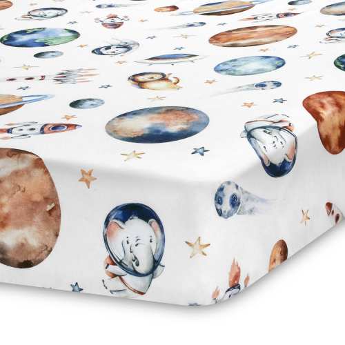 Outer Space Animal Crib Sheet - Extra Soft and Stretchy Jersey Knit Cotton - Unique Watercolor Nursery Decor for Baby Boys and Girls
