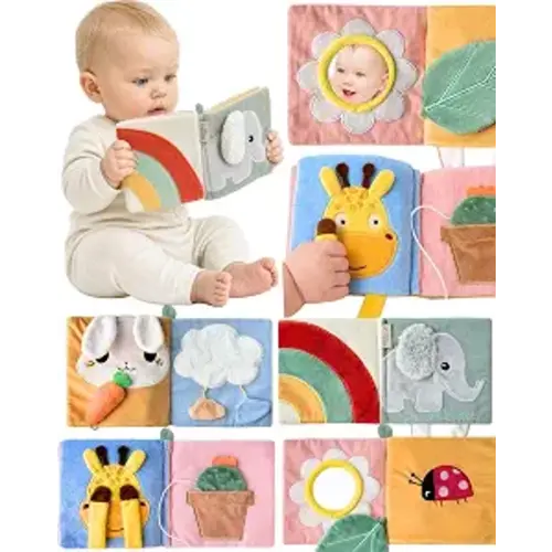 Soft Baby Book with Mirror - Crinkle Cloth Sensory Book, 0-18 Months | Touch and feel textures, peek-a-boo flaps, machine washable polyester, tummy time and travel toy, animal themes, gift