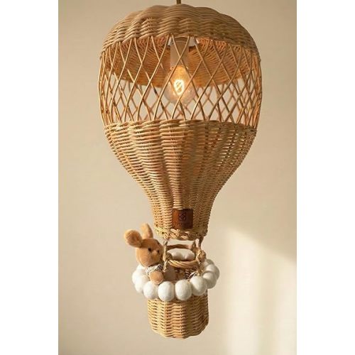 Handmade Rattan Hot Air Balloon Pendant Light – Natural Woven Nursery Ceiling Lamp | Boho Montessori Room Decor | Baby Room Hanging Light Fixture (All White Pompom)