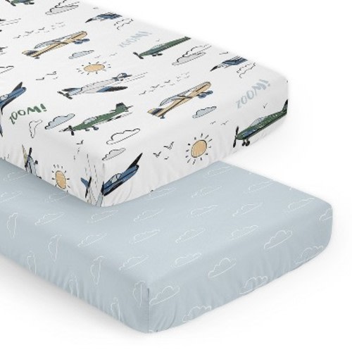 Sweet Jojo Designs Boy Fitted Crib Sheets Set Airplane Green and Blue 2pc