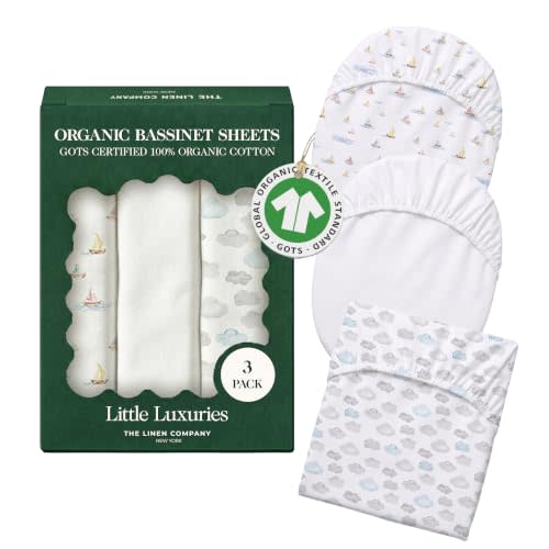100% Organic Cotton Bassinet Sheets, 33" x 17", Watercolors, 3-Pack | GOTS Certified, Soft Breathable Percale Weave, Universal Fits Standard Oval & Rectangular Mattress - for Boys & Girls