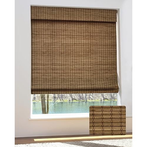 UNISHADES Cordless Bamboo Roman Shades for Windows, Blinds Size (33.5" W ×64" H) Colour (Highfield Teak)