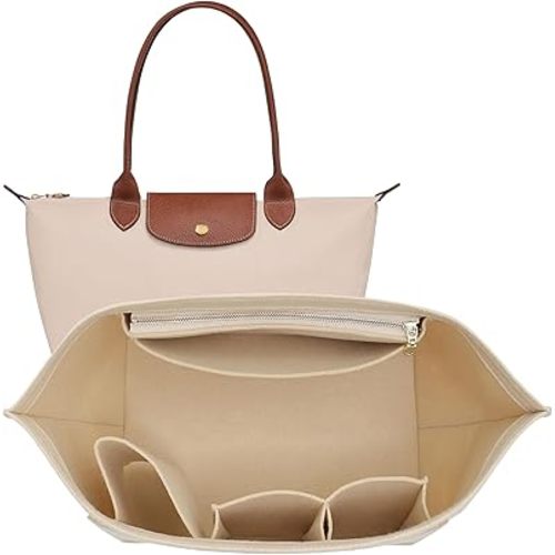 Doxo Purse Organizer Insert for Longchamp Le Pliage Tote, Large Bag Organizer with 8 Compartments, YKK Zipper Pocket Cup Holder, Handbag Shaper for Women, Fits Original/Green/Energy L Tote (Beige, WL)