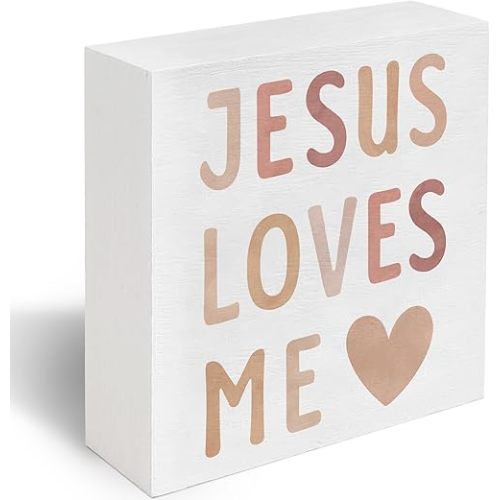 Jesus Loves Me Christian Wood Box Sign Desk Decor, Boho Neutral Baby Girl Boy Nursery Decor, Inspirational Christian Desk Decor Bible Verse Decor, Jesus Decor 5x5 C21