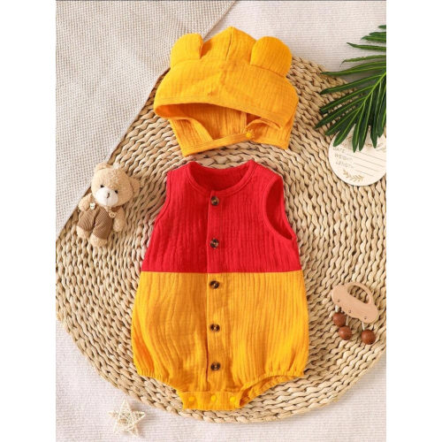 Conjunto de bebé niño con body de contraste de oso + gorro con orejas de oso, rojo y amarillo, de tela de gasa transpirable, adecuado para sesión de fotos del 100º día/1er cumpleaños del bebé | SHEIN USA