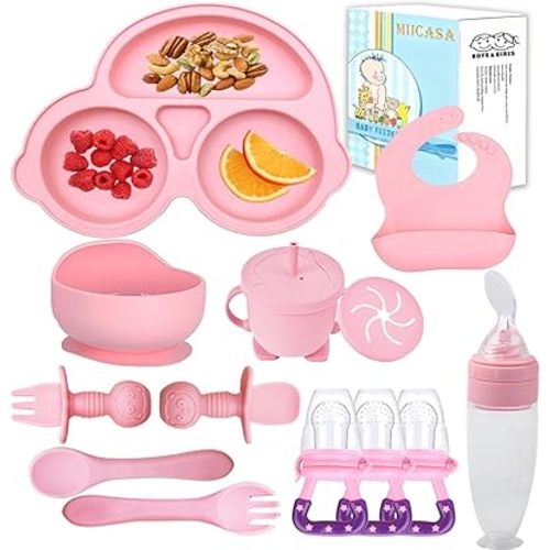 Silicone Baby Feeding Set,Miicasa Baby Led Weaning Supplies Kit With Suction Bowl & Car Plate, Bib, Spoon, Fork, Cup - Food-Grade Silicone, Dishwasher-Safe, No BPAs - For 3+ Months