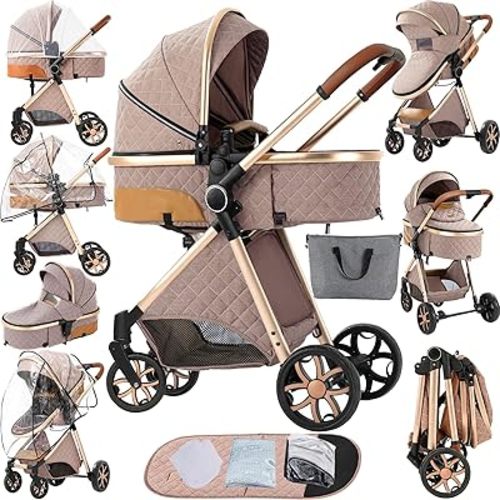 2 in 1 Baby Stroller Reversible Portable Standard Stroller Convertible Pushchair Infant Buggy Baby Carriage Foldable High Landscape Pram for Toddler Newborn (225 Khaki)