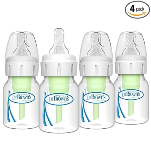 Dr. Brown's Natural Flow Anti-Colic Options+ Narrow Baby Bottle, 2 oz/60 mL, with Preemie Flow Nipple, 0m+, 4 Pack