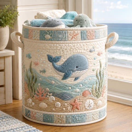 Blue Whale Quilted Laundry Basket, Coastal Ocean Nursery Storage Hamper, Large