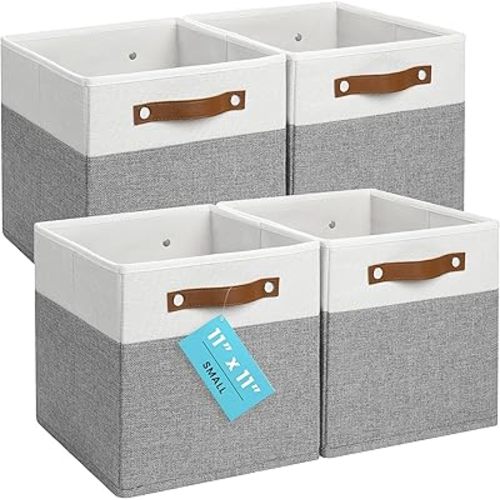OrganiHaus 11" x 11" x 11" Fabric Cube Storage Bins Set of 4, Foldable Collapsible Canvas Storage Bins for Organizer, 11 inch Cubbies Organizer for Kallax, Linen Cube Shelf Baskets - Grey/White