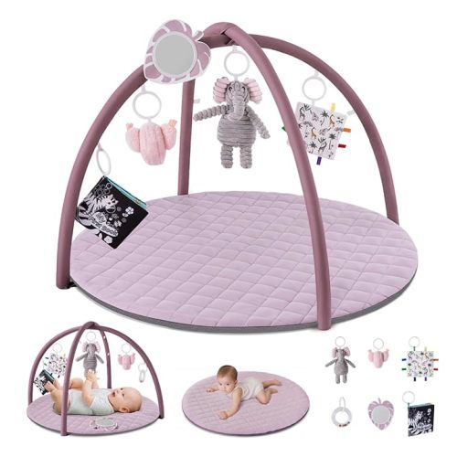Blissful Diary Baby Play Gym Mat, Tummy Time Activity Mat with 6 Detachable Toys for Stage-Based Sensory & Motor Skill Development, Easy to Install & Clean, Baby Essentials Gift, Lavender Pink