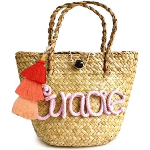ubjva Custom Straw Tote Bag Personalized Mini Basket Bag with Woven Name Beach Bag for Wedding Bridal Shower Easter